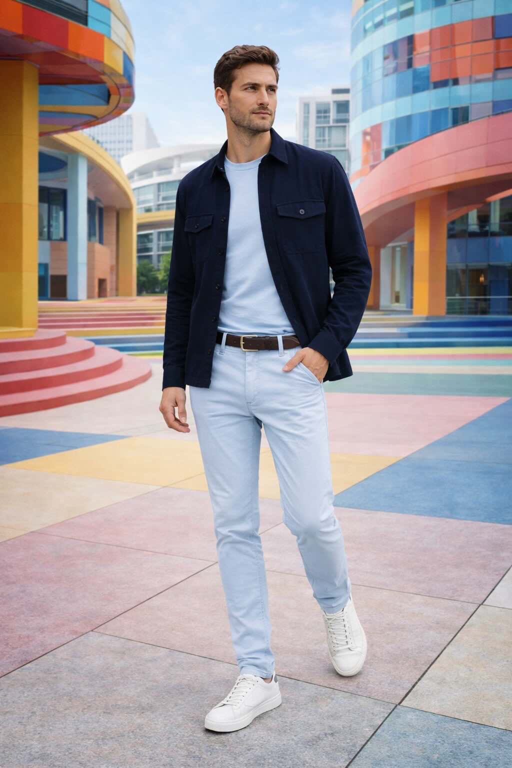 man met licht blauwe katoenen mannenbroek 